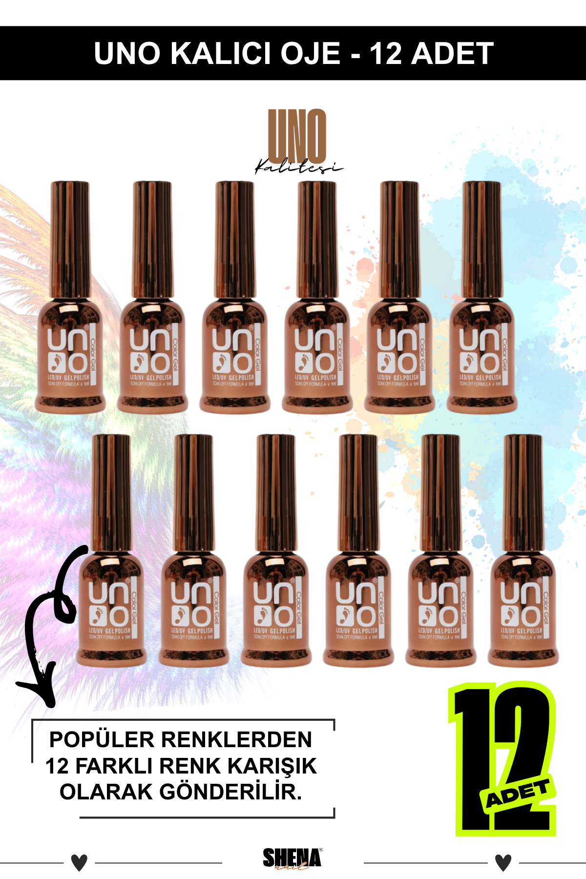 Uno Kalıcı Oje Altın Şişe 12 Ml * 12 Adet (Karışık Renk)Uno