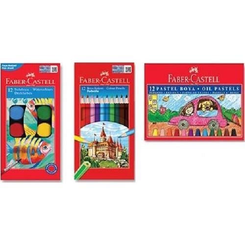 Faber-CastellFaber Castell 3'lü Set, Pastel Boya, Sulu Boya, Kuru Boya 12'li