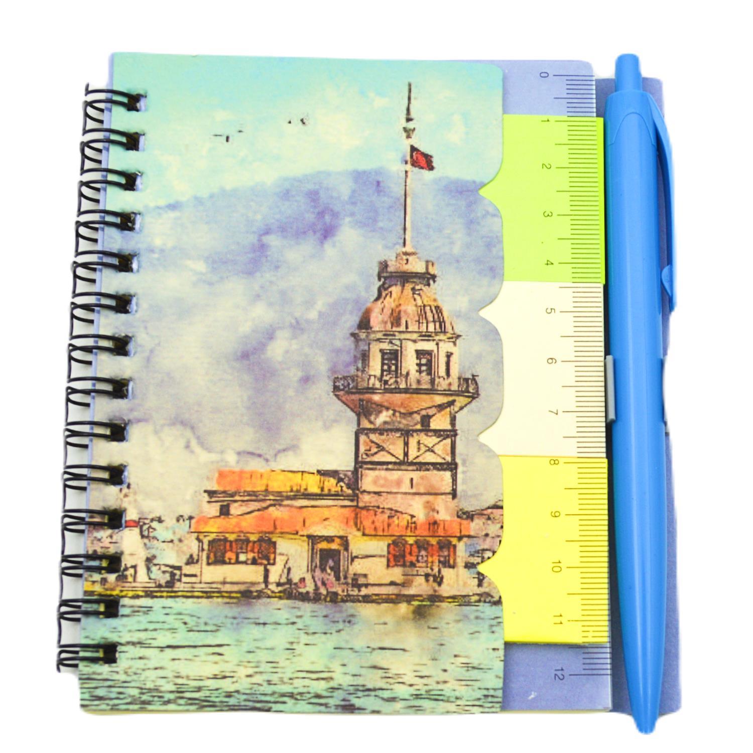 NOTYAZNotYaz 12x10 60 Yaprak Kalemli-Cetvelli Not Defteri Bloknot İstanbul Motifleri Çizgili- Kız Kulesi (GD-8193)