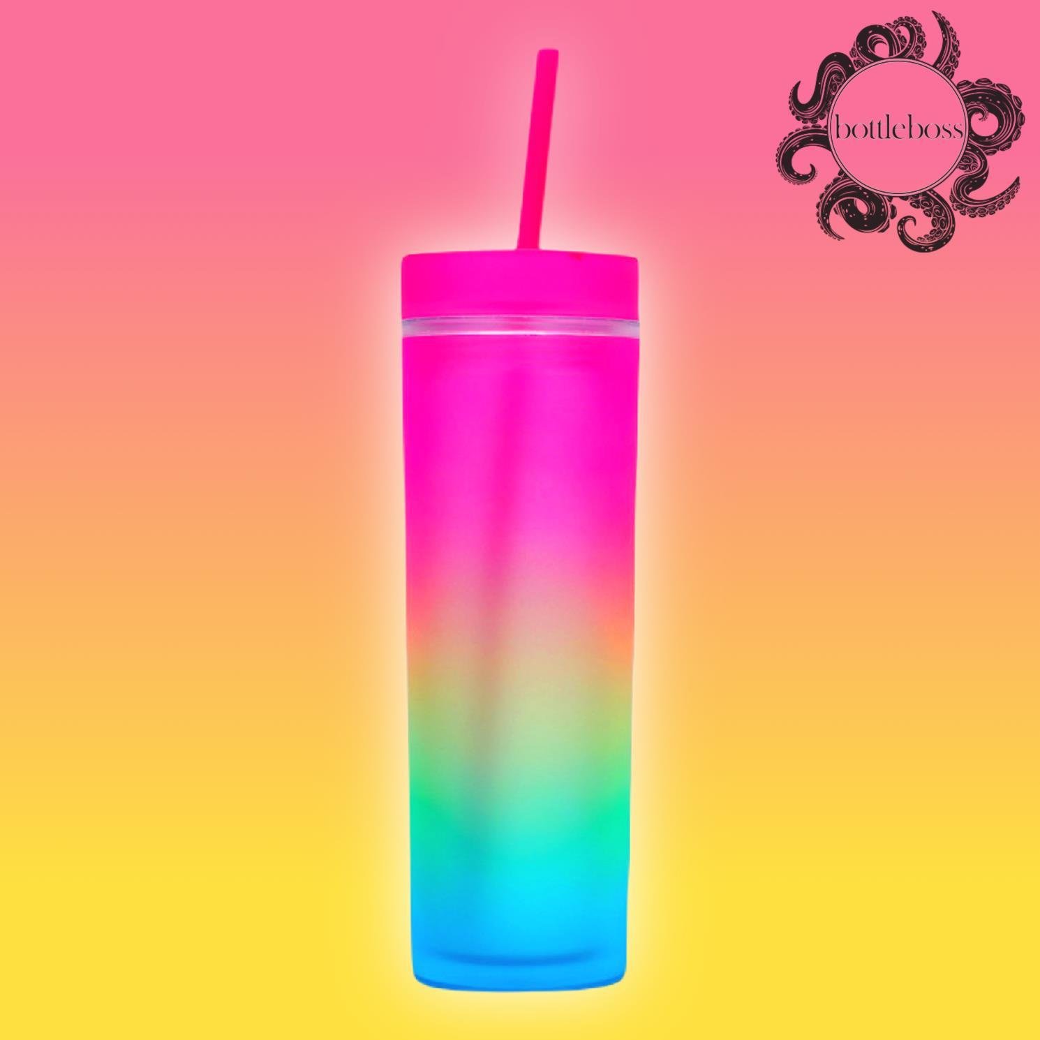 BottleBossBottleBoss Çift Katmanlı Pipetli Çift Renkli Sızdırmaz Bardak Matara 480 Ml Pembe