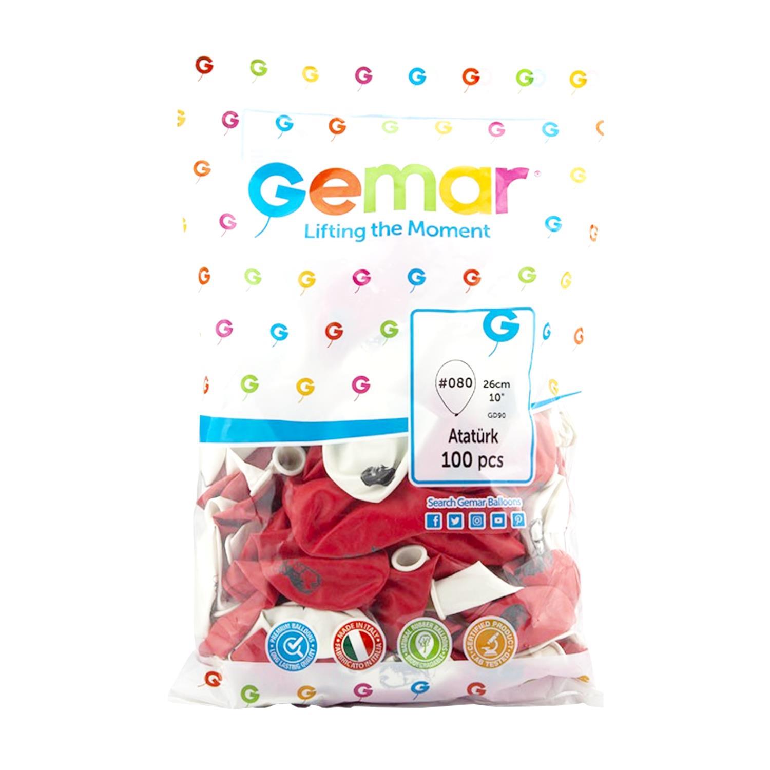 GemarGemar Atatürk Baskılı Balon Kırmızı-Beyaz 100 Adet 26 cm GD90