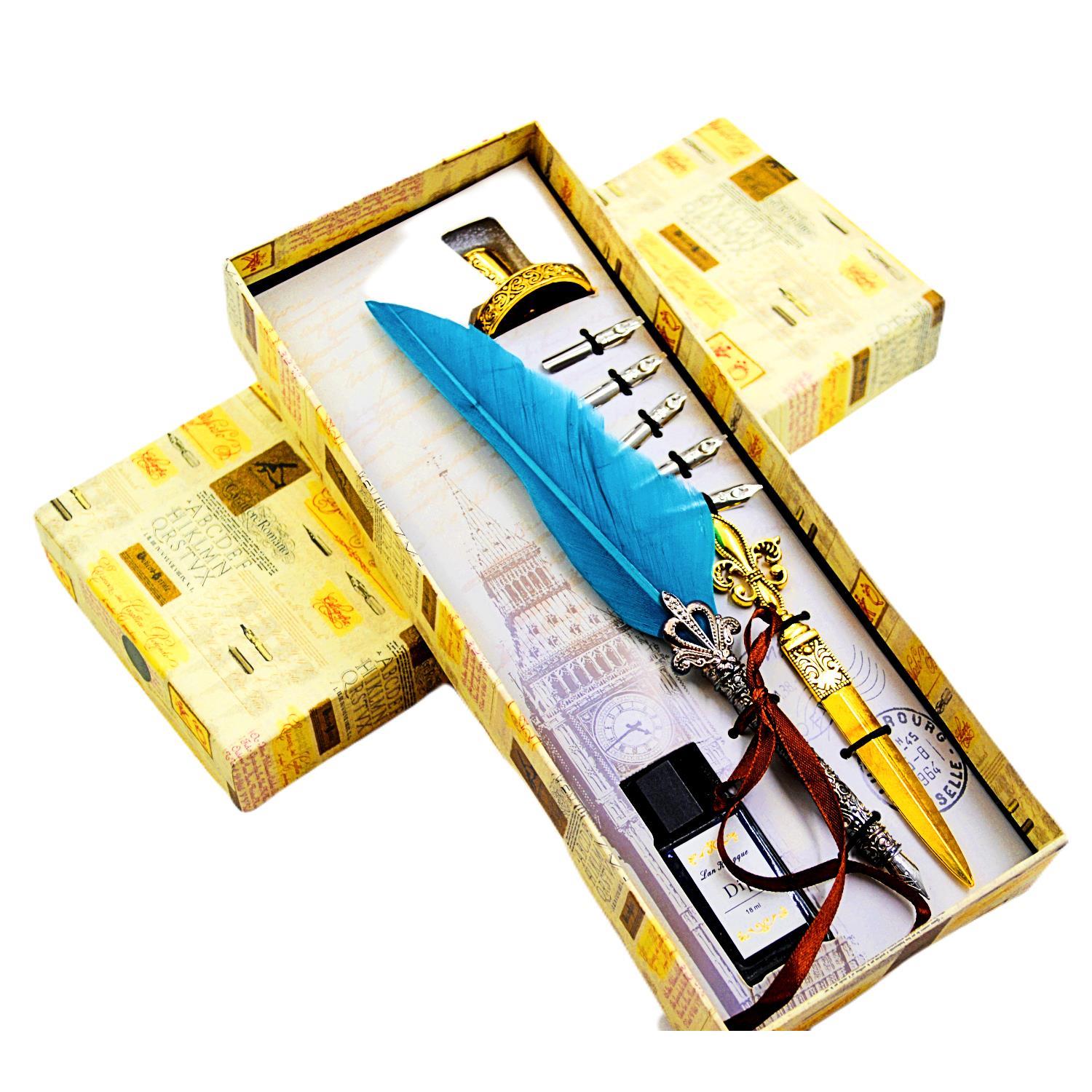 Gen-OfGen-Of Taçlı Orjinal Tüylü Divit - Kaligrafi Kalem Seti Hediyelik Özel Kutulu Turkuaz 712-14