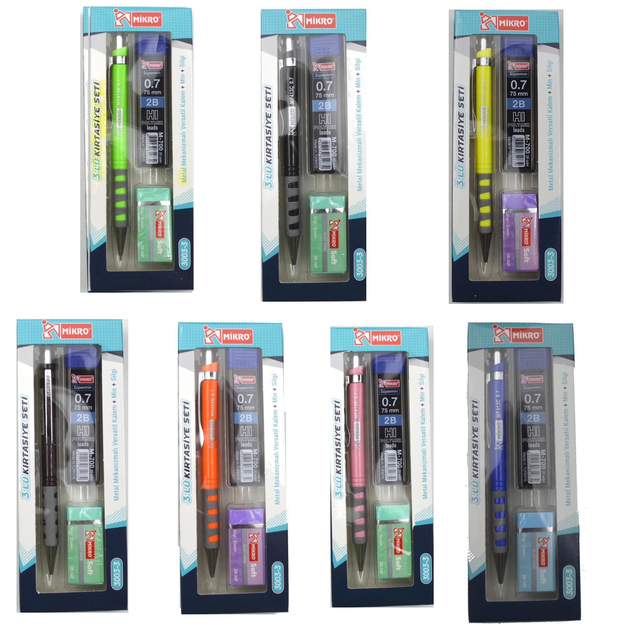 MİKROMikro Kırtasiye Okul Seti Versatil 3 Lü  0,7 ( Kalem+Silgi+Uç) MK-3003-3