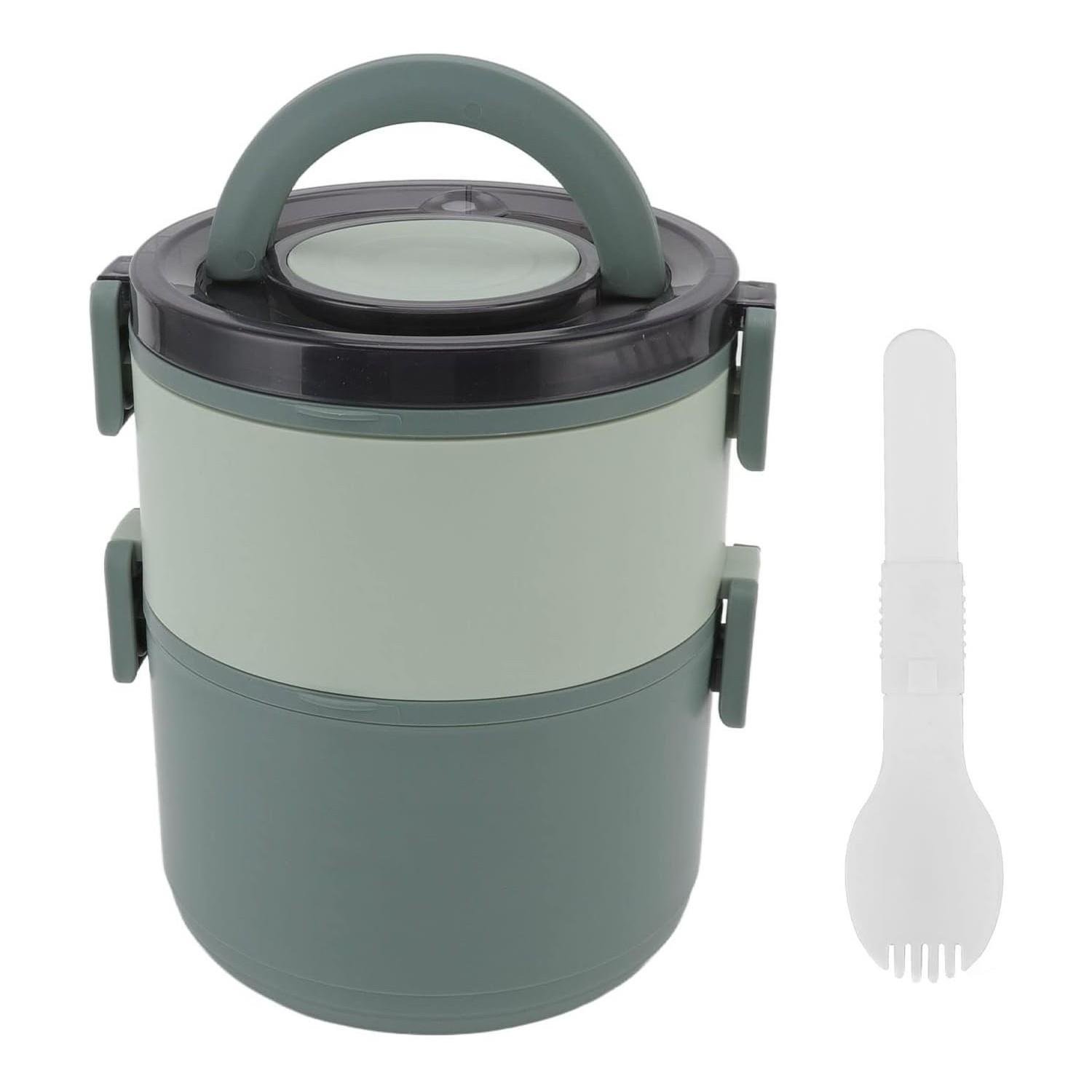 NokiNoki Çift Katlı Taşıma Kulplu Paslanmaz Çelik Yuvarlak Beslenme Kabı 1600 ml (T0135) Haki