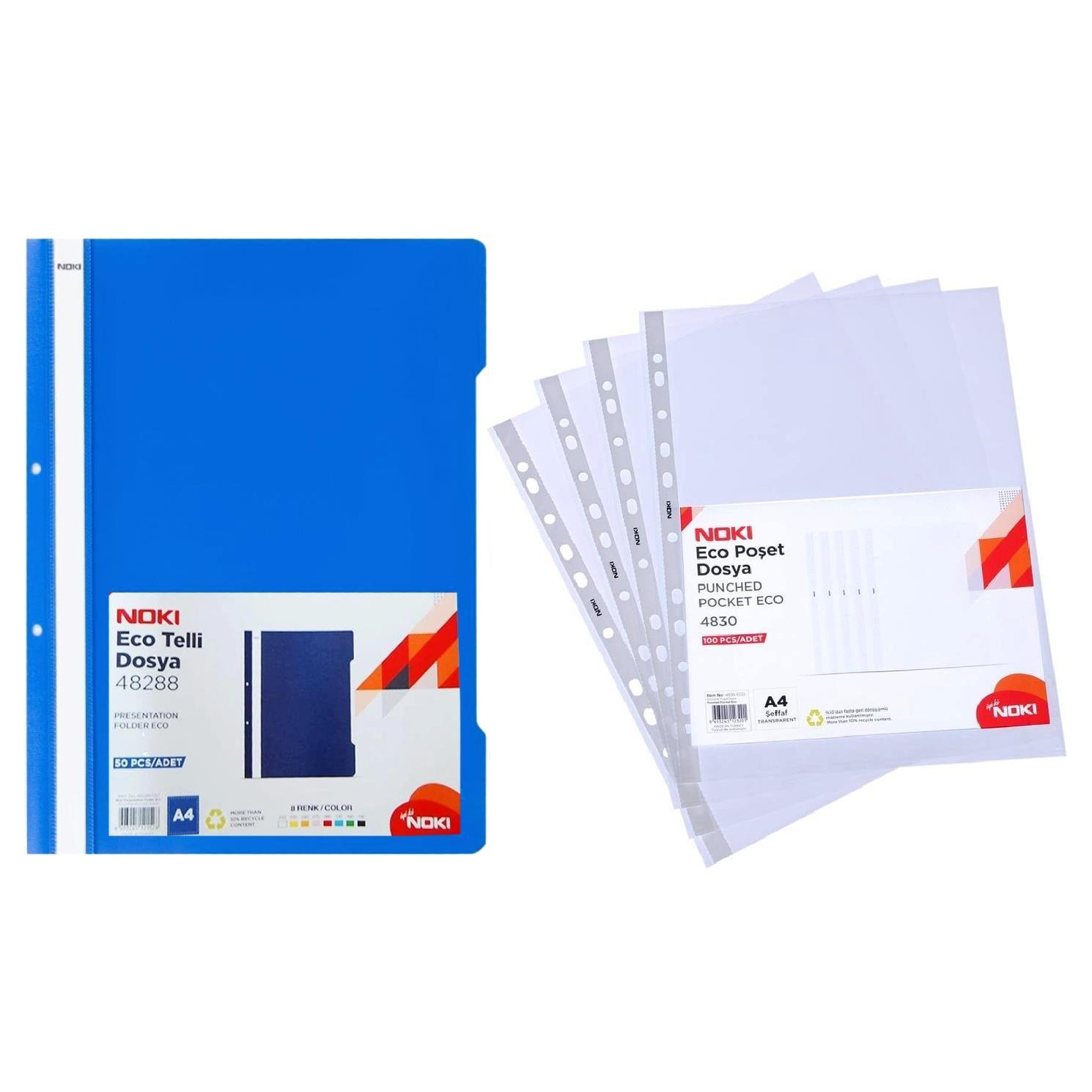 NokiNoki Telli Dosya Eco A4 4828 Mavi 50 Li + Noki Poşet Dosya Eco A4 100 Lü Paket