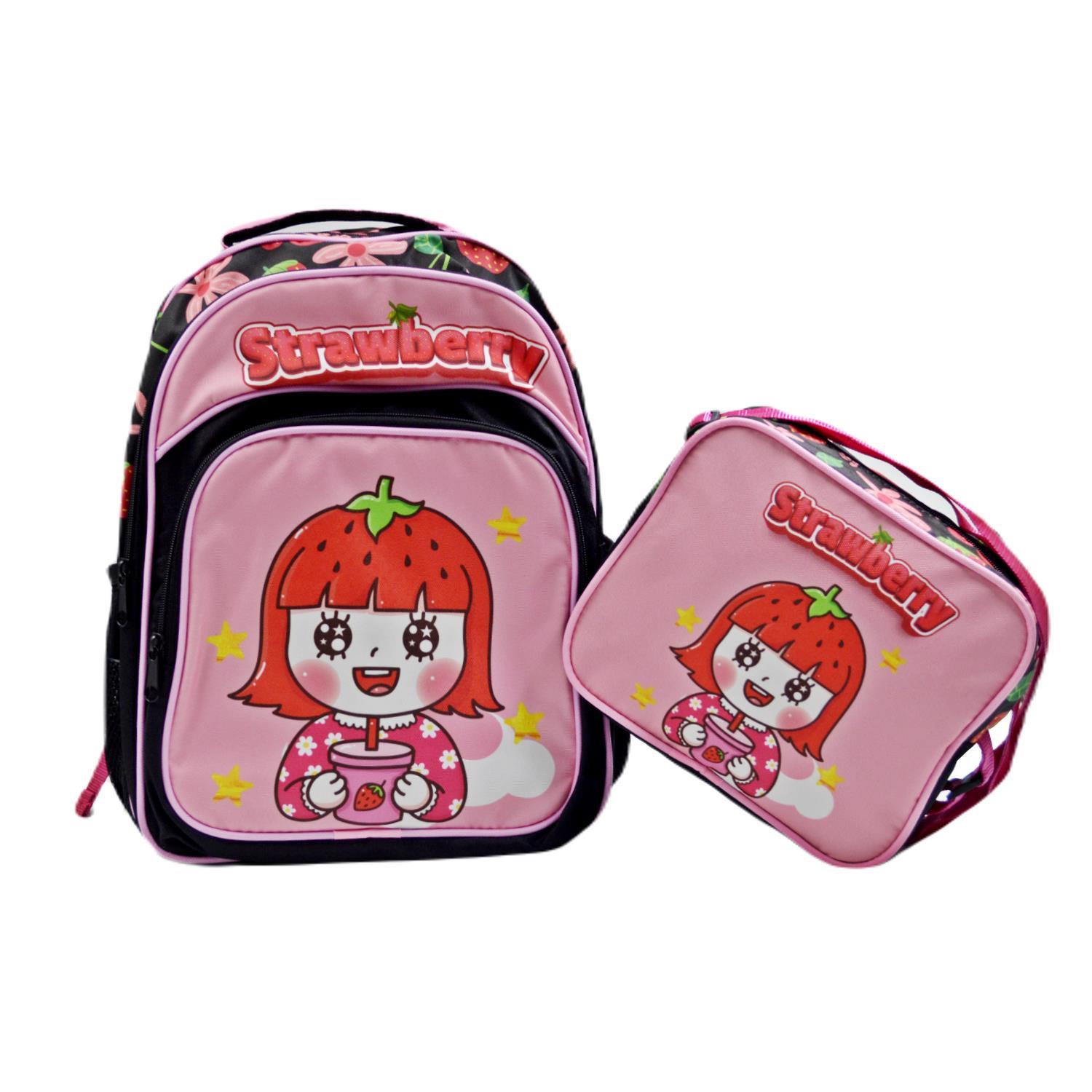 SentorSentor 3 Bölmeli İlkokul Okul Sırt Çantası Ve Beslenme Çantası Strawberry Pembe-Siyah