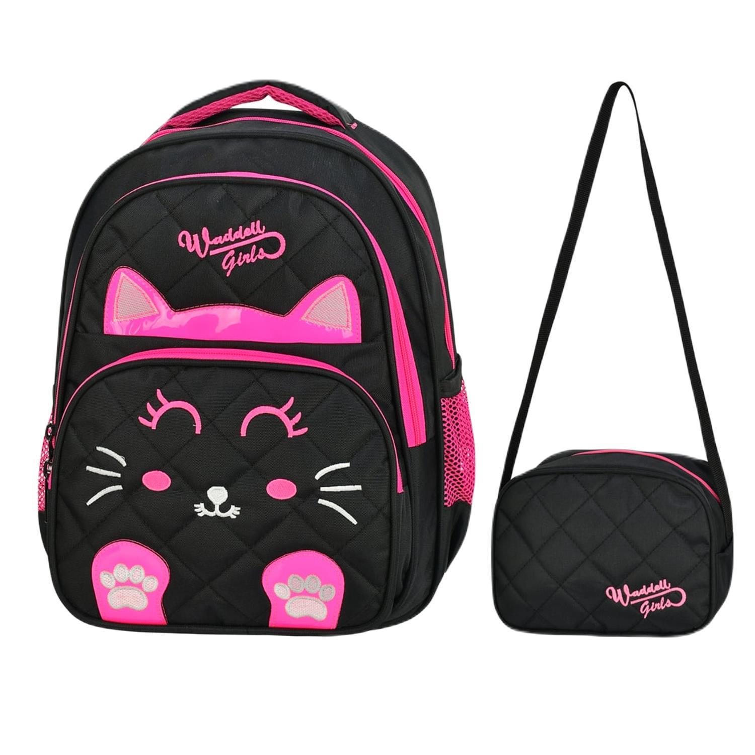 WaddellWaddell 3 Bölmeli İlkokul Çantası ve Beslenme Çantası Kedi Siyah-Pembe 5011