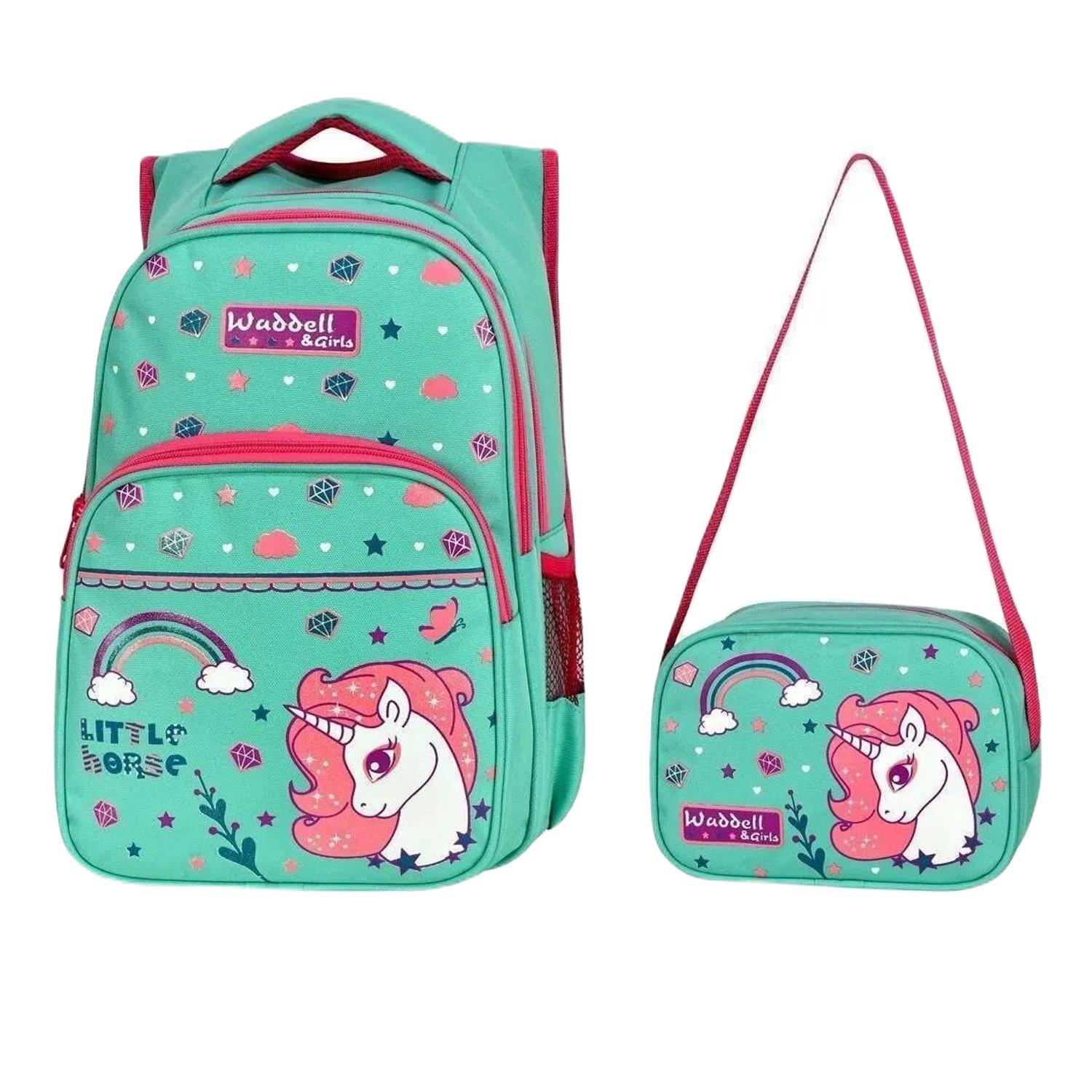 WaddellWaddell 3 Bölmeli İlkokul Çantası ve Beslenme Çantası Little Horse Su Yeşili-Pembe 3003