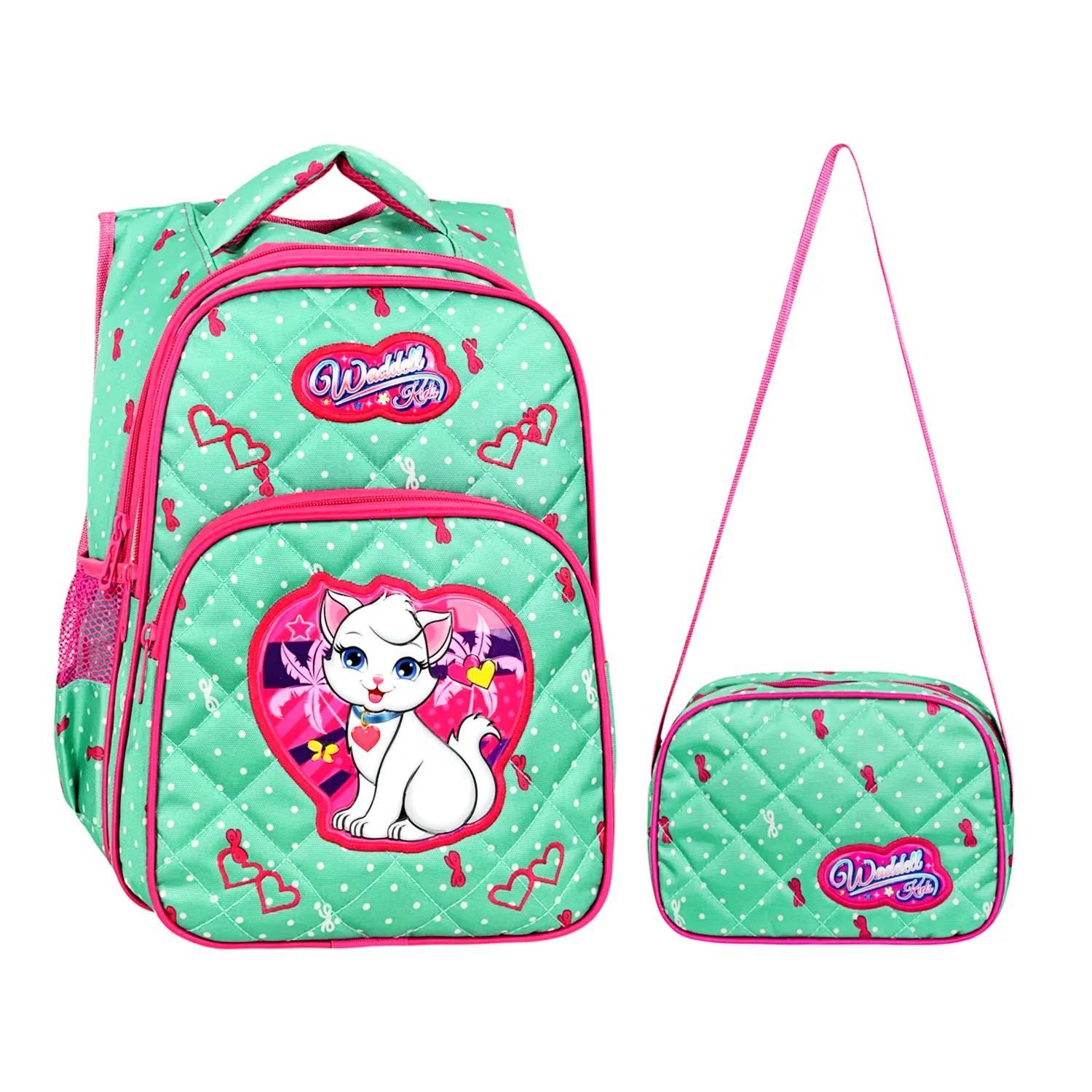 WaddellWaddell 3 Bölmeli İlkokul Çantası ve Beslenme Çantası Beyaz Kedi Su Yeşili 24002