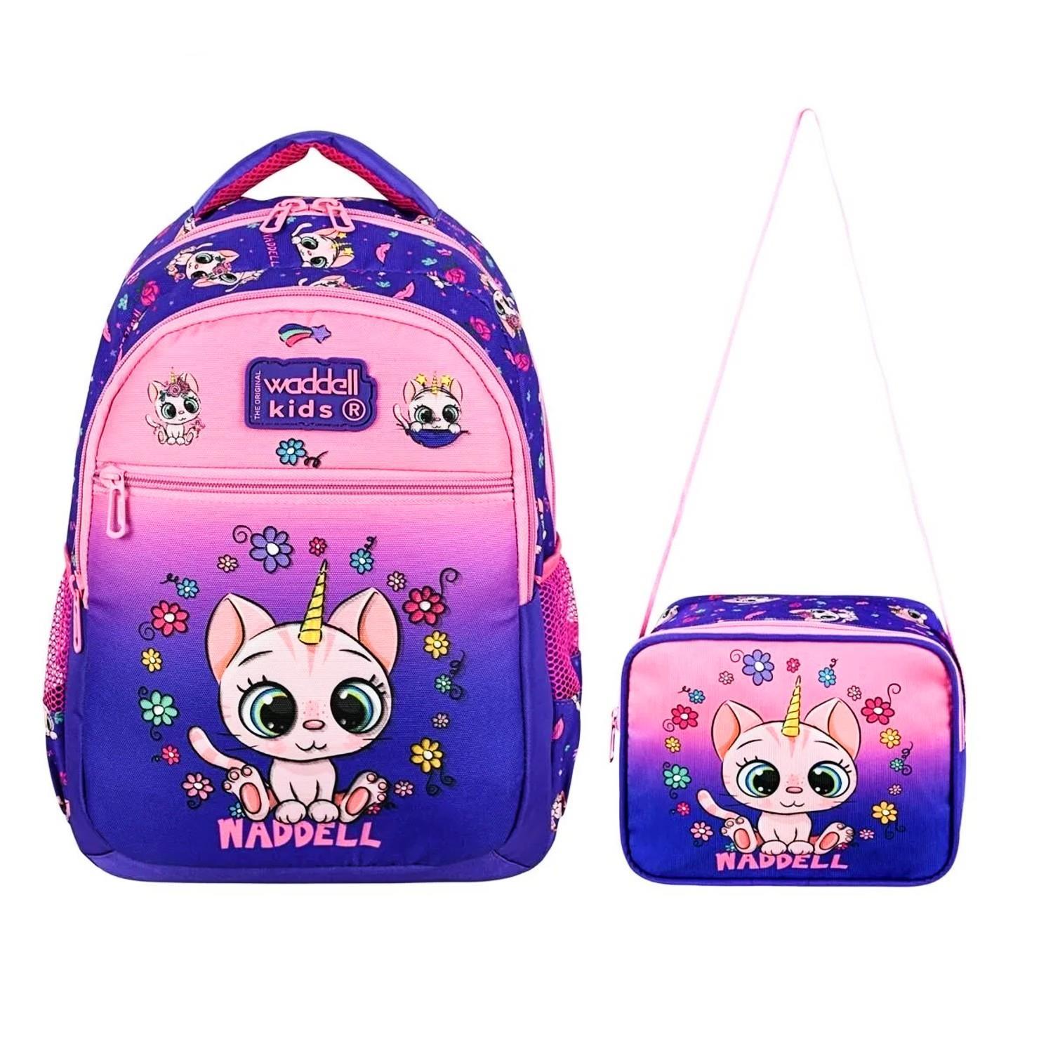 WaddellWaddell 3 Bölmeli İlkokul Çantası ve Beslenme Çantası Kedi Pembe-Mor 24304