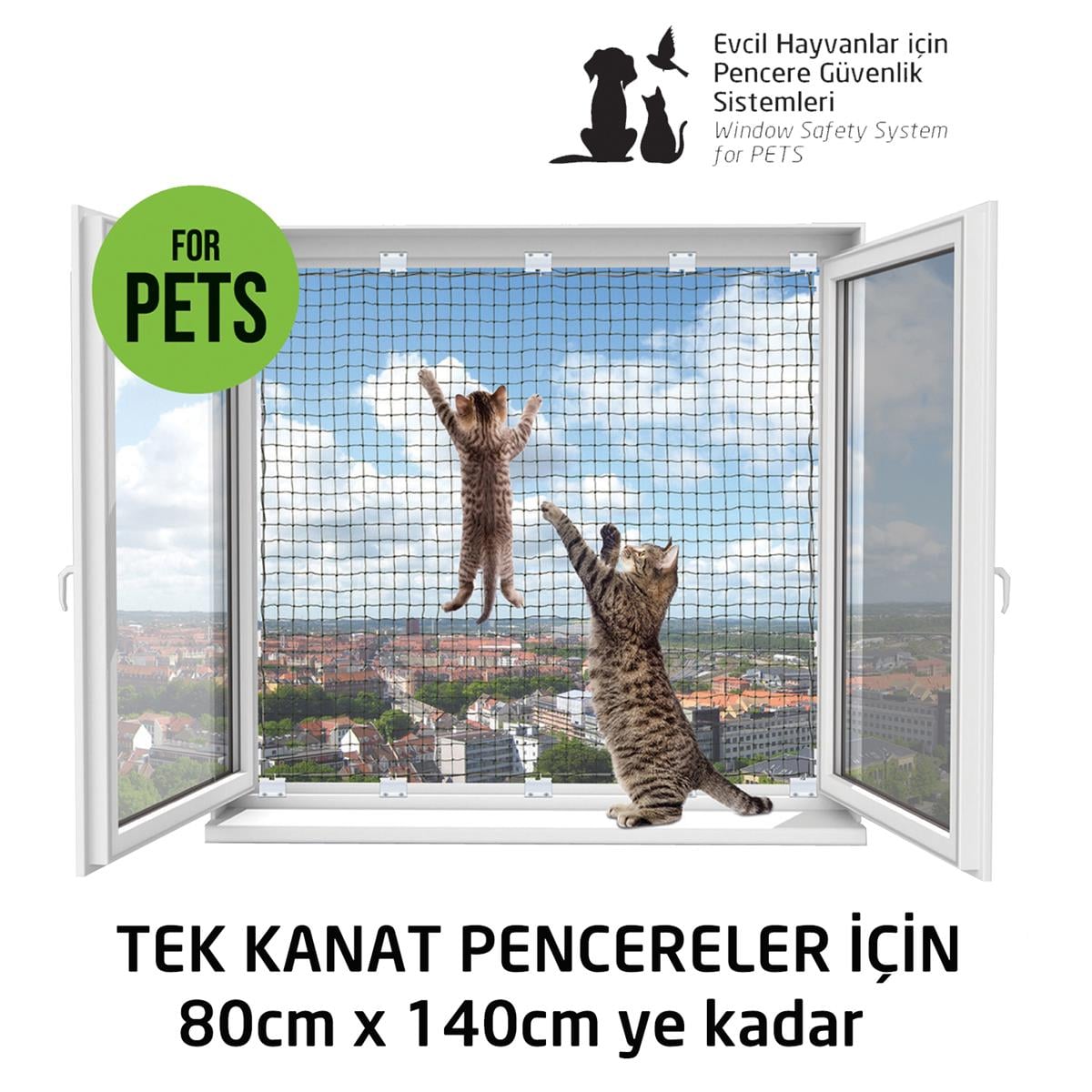 Kediler için Pencere Güvenlik Ağı, Kedi Filesi Sistemi – TEK KANAT KUTU 80 x 140 Cm
