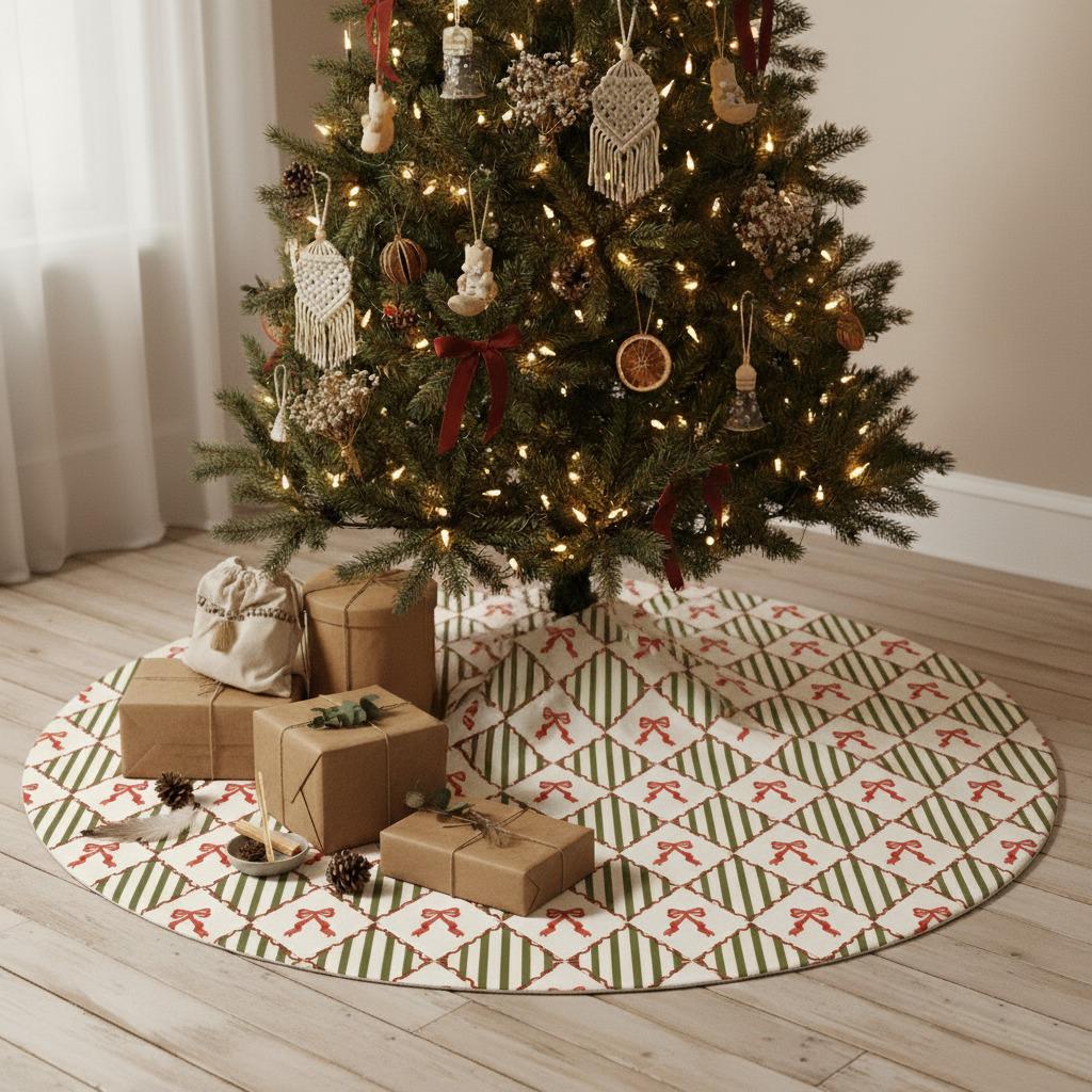 Fiyonk Desenli Yuvarlak Bağlamalı Yılbaşı Ağacı Eteği Ağaç Örtüsü 102Markaev
