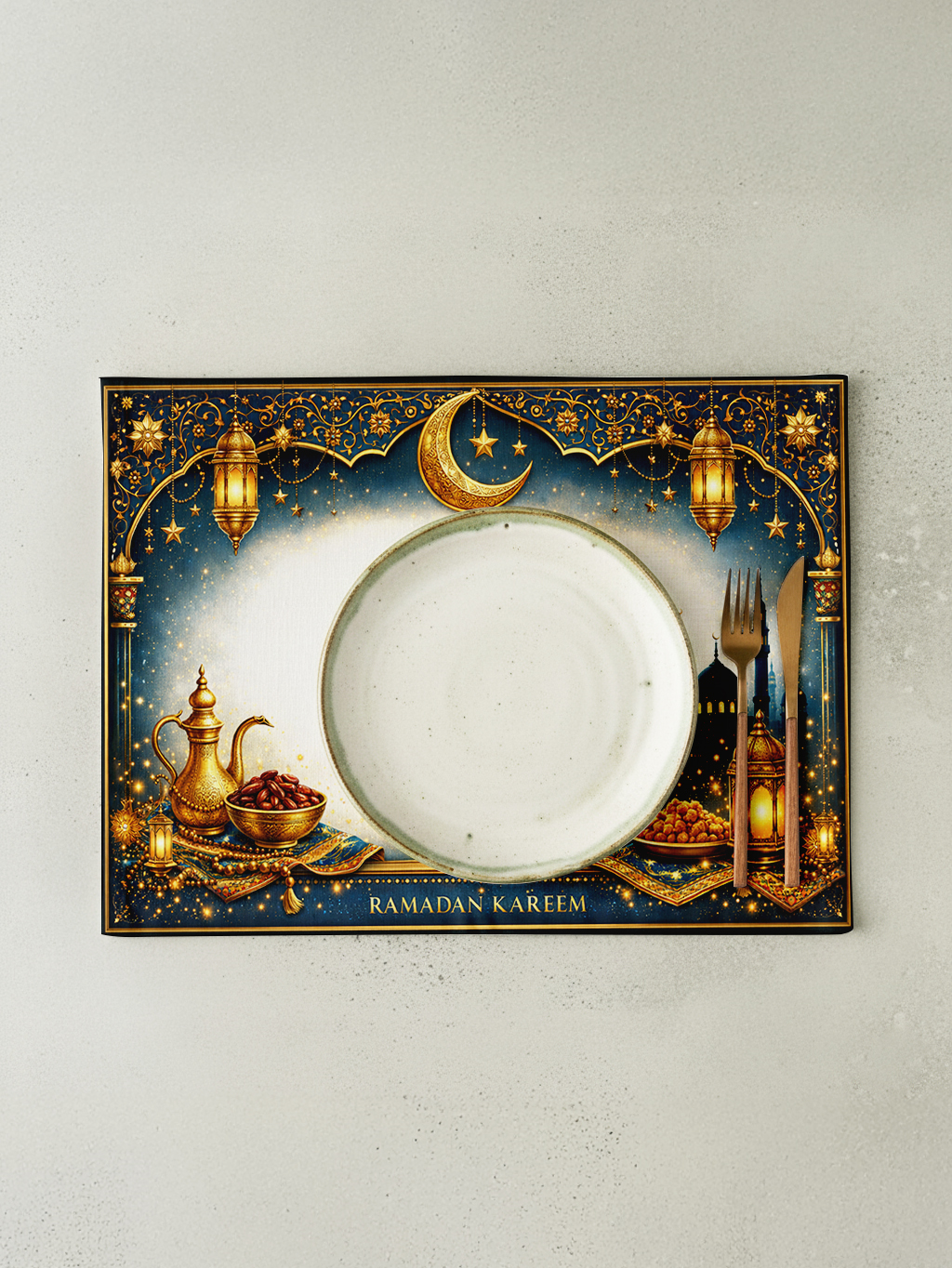 Lacivert Ramadan Kareem Pamuklu 4'lü Amerikan Servis TakımıMarkaev
