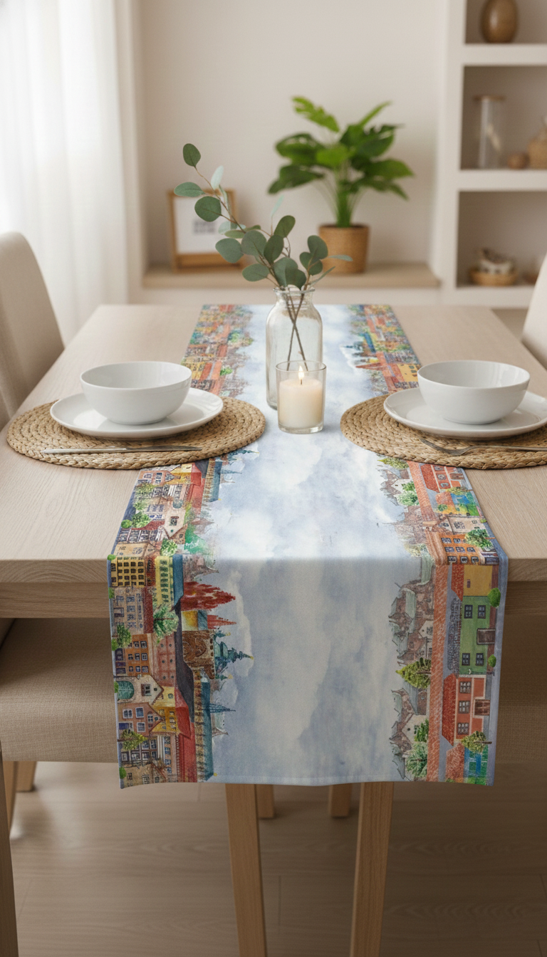 Şehir Manzarası Pamuklu Masa Runner 0044– 50x150 cmMarkaev