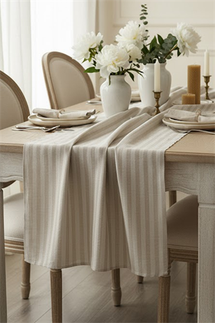 Stripe %100 Pamuk Bej Krem Luxe Runner 50x150