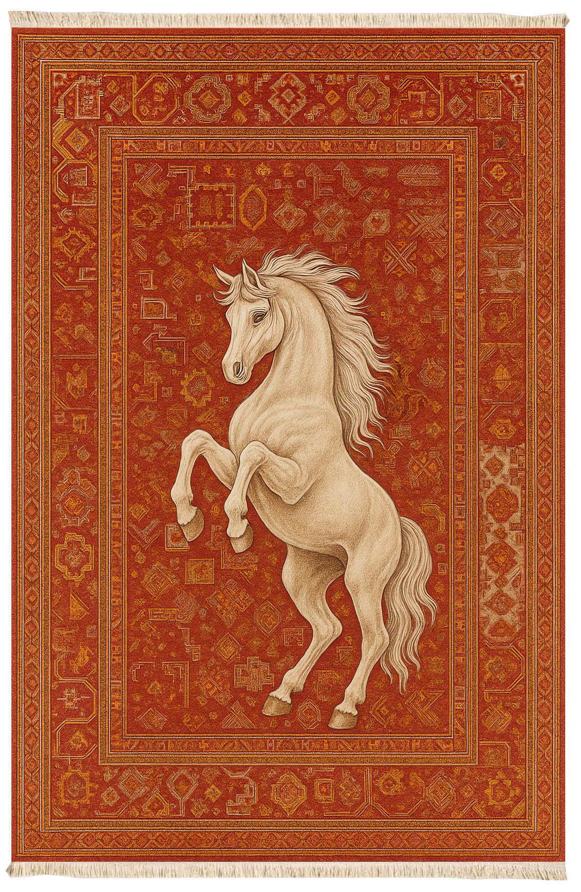 At Figürlü Vintage Kırmızı Desenli Halı Etnik Kilim Dokuma Taban Halı 327 YNGMarkaev