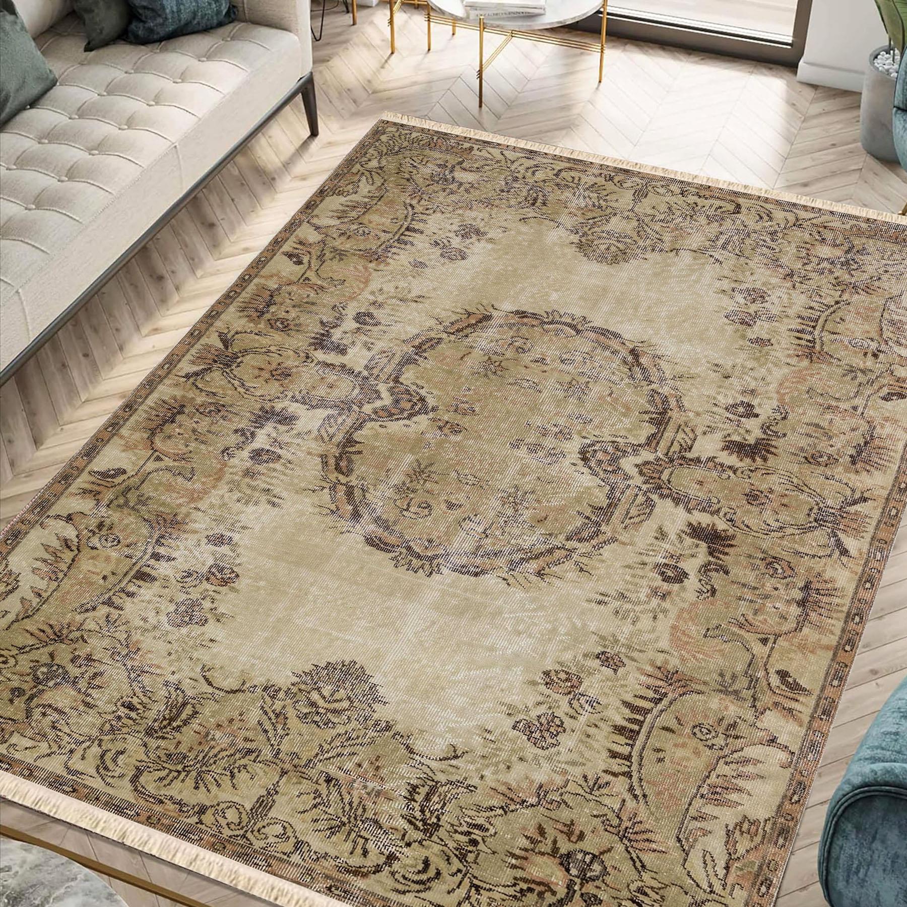 Bej Madalyon Vintage Kilim Dokuma Taban Halı 319 YNGMarkaev