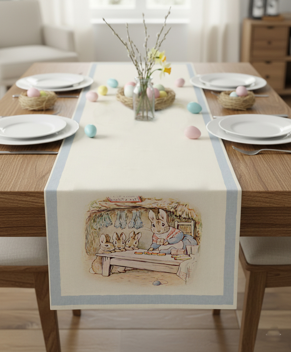Easter Tavşan Ailesi Pamuklu Masa Runner 0101– 50x150 cmMarkaev