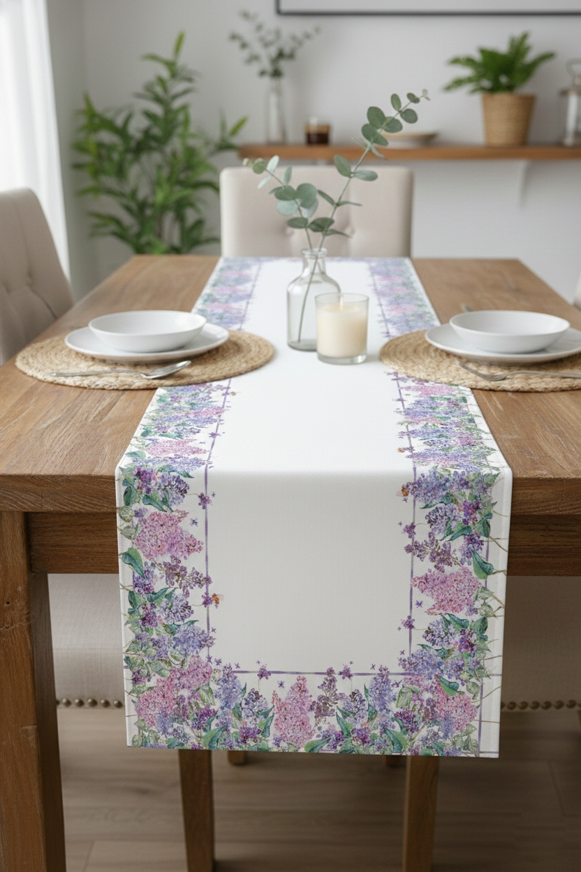 Flora Lila Pamuklu Masa Runner 0058– 50x150 cmMarkaev