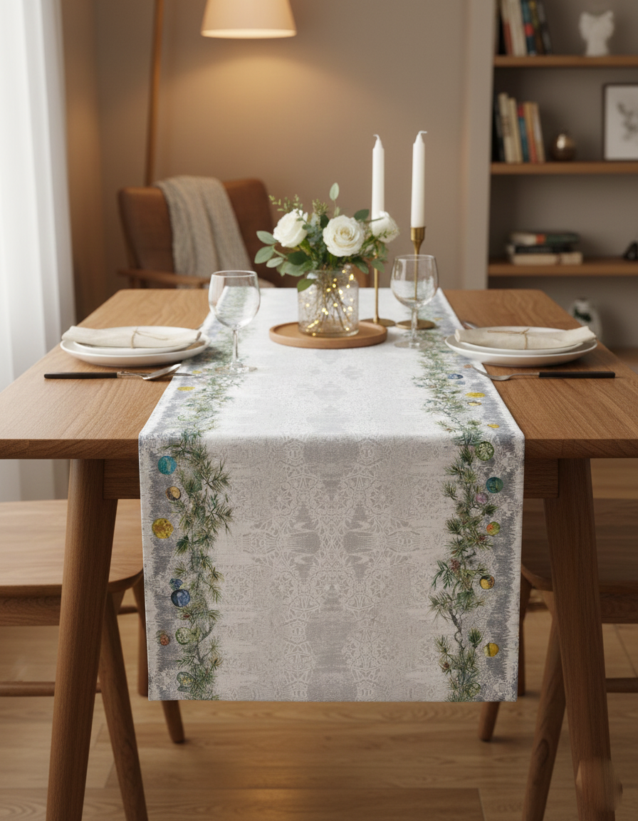 Gümüş Yılbaşı Pamuklu Masa Runner 0066– 50x150 cmMarkaev