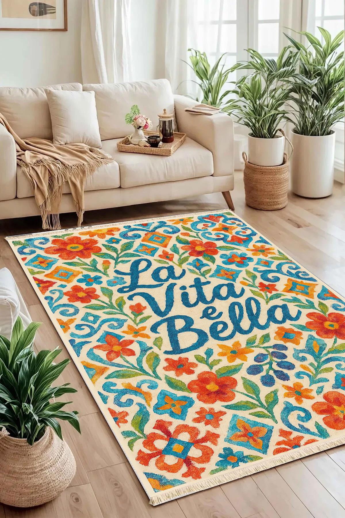 La Vita e Bella Akdeniz Temalı Baskılı Dokuma Taban HalıMarkaev