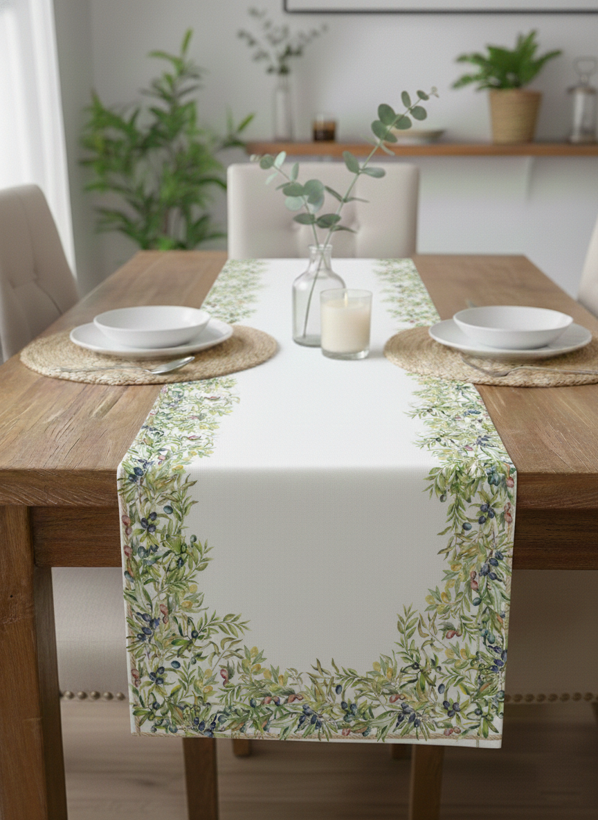 Olive Pamuklu Masa Runner 0061– 50x150 cmMarkaev