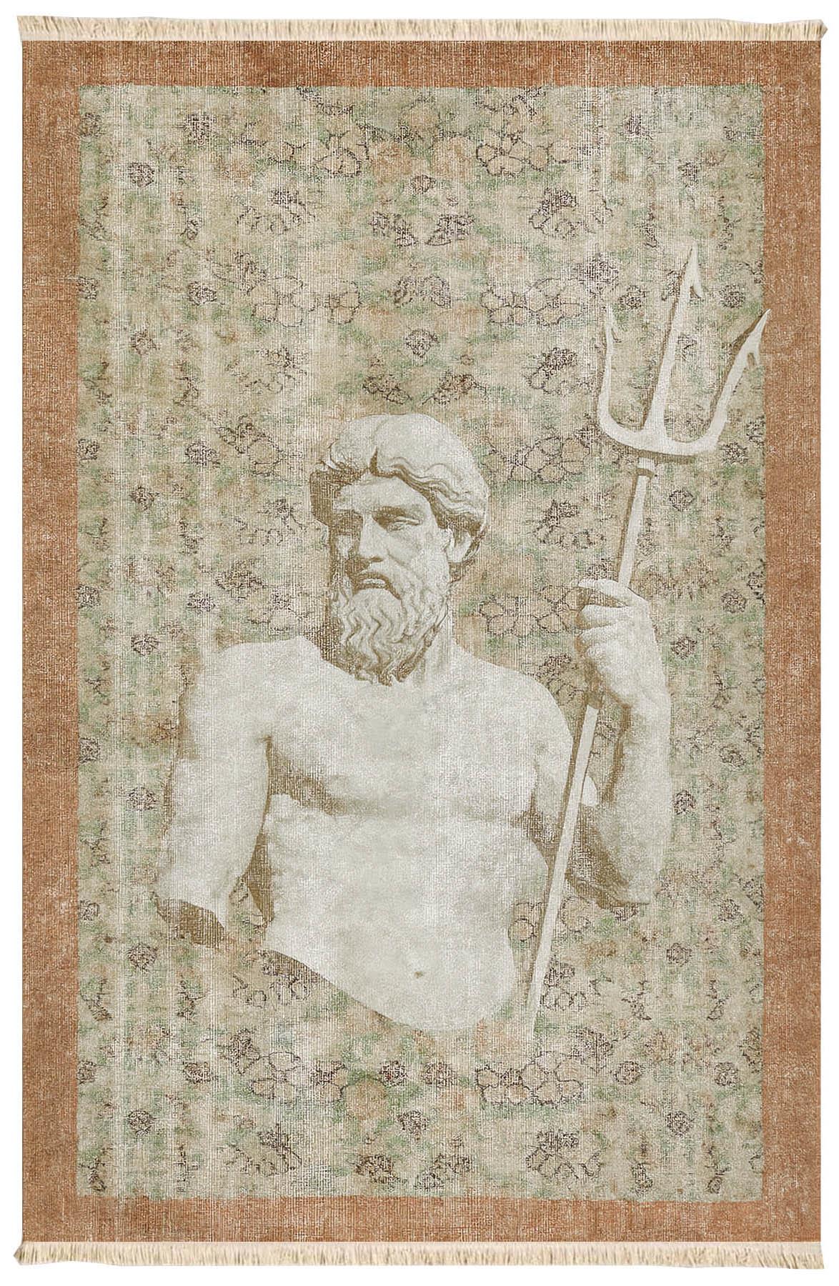 Poseidon Heykeli Mitolojij Tasarımlı Eskitme Dekoratif Halı Dokuma Taban Halı 332 YNGMarkaev