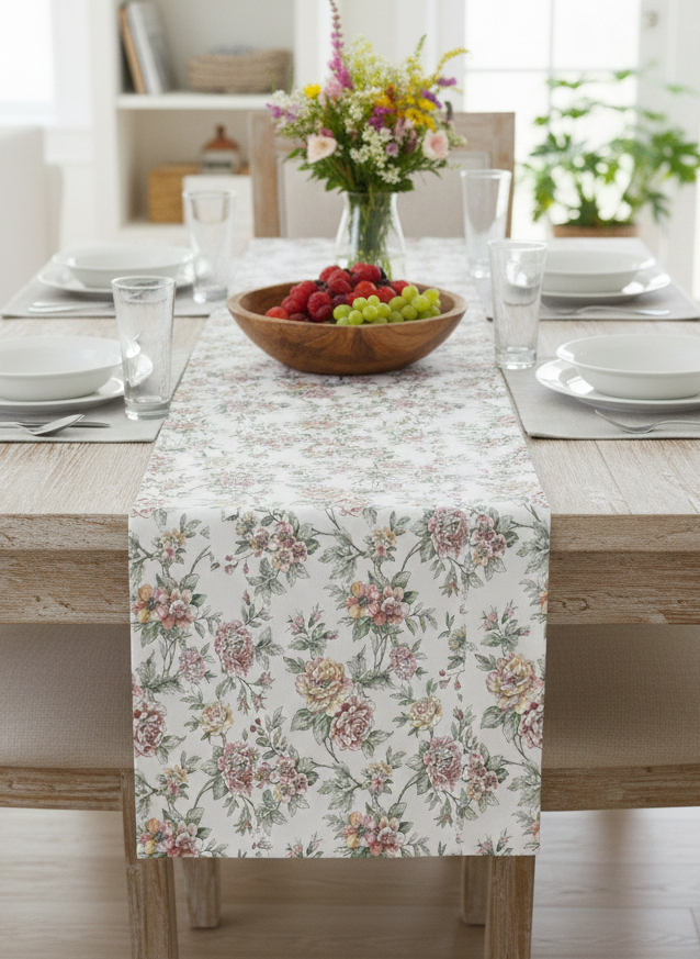 Romantik Çiçekler Pamuklu Masa Runner 0078– 50x150 cmMarkaev