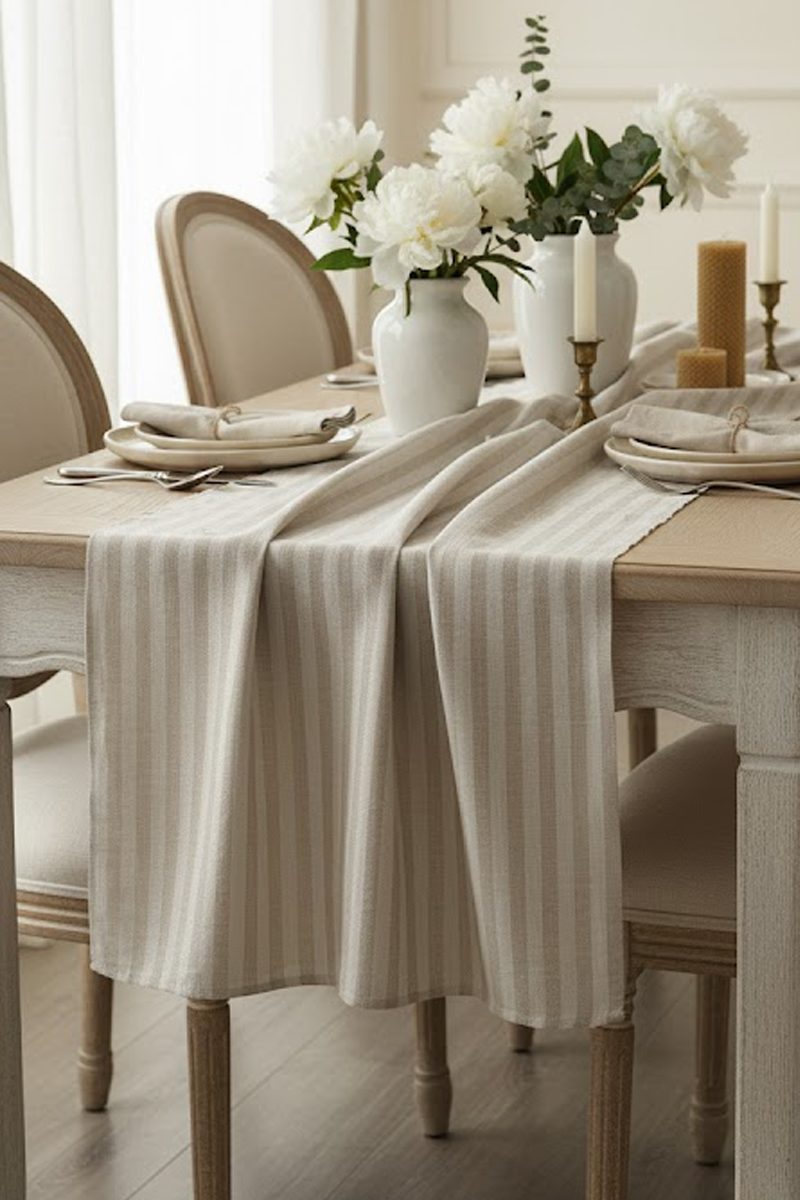 Stripe %100 Pamuk Bej Krem Luxe Runner 50x140Markaev