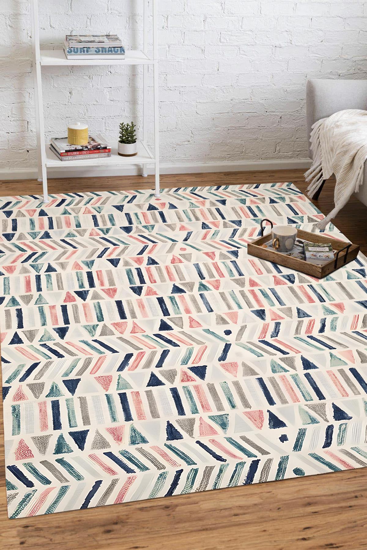 Üçgen ve Çizgi Desen Dijital Baskılı Zenit KilimMarkaev