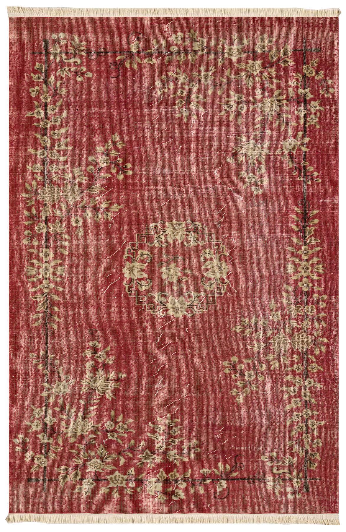 Vintage Kırmızı Çiçek Desenli Dekoratif Dokuma Taban Halı 335 YNGMarkaev