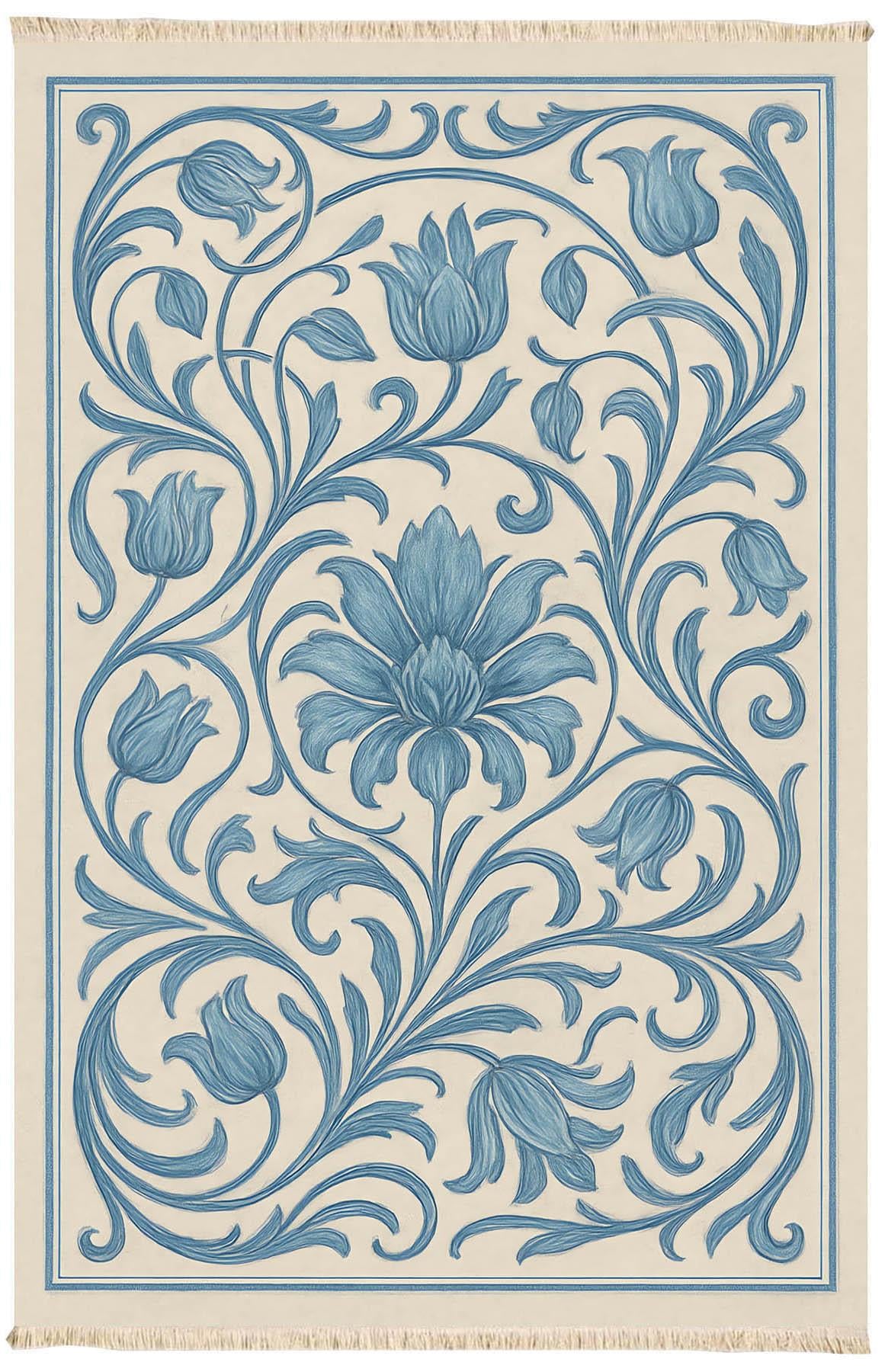 Vintage Mavi Lale Desenli Halı Dokuma Taban Halı 328 YNGMarkaev
