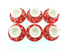 El Yapımı Çini Seramik Papatya Desenli Kahve Fincanı Takımı - Kırmızı