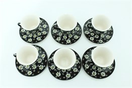 El Yapımı Çini Seramik Papatya Desenli Kahve Fincanı Takımı - Siyah
