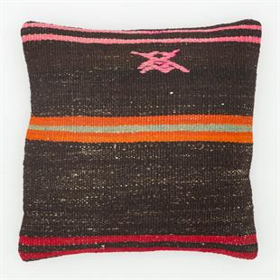 KIRMIZI TURUNCU ÇİZGİLİ SİYAH EL DÜĞÜMLÜ YASTIK KILIFI