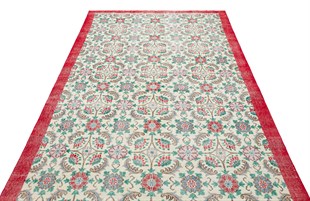 Krem Rengi Kırmızı Çiçekli El Dokuma Vintage Halı