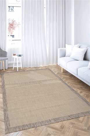  KOLAY TEMİZLENEN KAHVERENGİ BORDÜRLÜ BEJ RENGİ HAV TOZ VERMEZ KAYMAZ TABANLI ŞIK JÜT SİSAL KİLİM