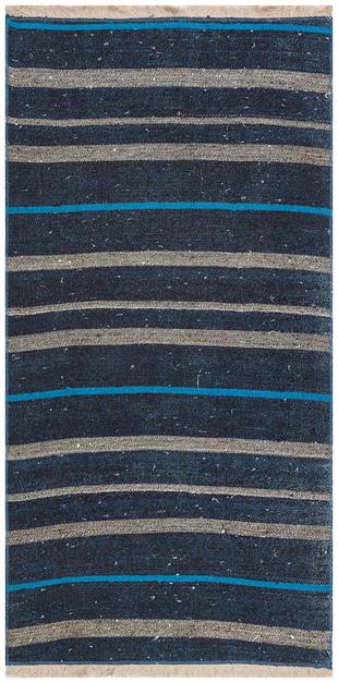 EL DOKUMA LACİVERT GÜMÜŞ RENGİ ÇİZGİLİ DESEN KEÇİ KILI ETNİK KİLİM