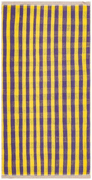 MAVİ RENGİ KARELİ DESEN EL DOKUMA VİNTAGE KİLİM  