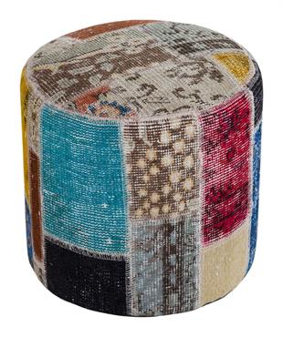 GERÇEK EL DOKUMA MULTİ RENGİ PATCHWORK YUVARLAK PUF