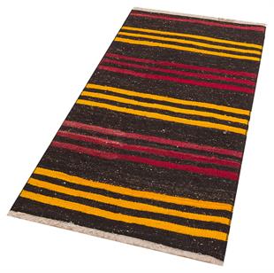 GERÇEK EL DOKUMA KIRMIZI SARI ÇİZGİLİ VİNTAGE KİLİM  