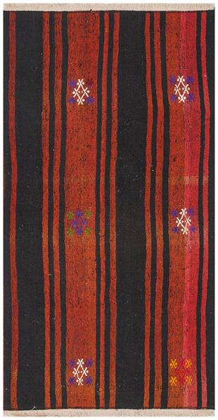 GERÇEK EL DOKUMA SİYAH KIRMIZI RENGİ ÇİZGİLİ KEÇİ KILI YÜN KİLİM