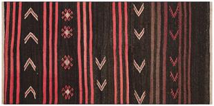 GERÇE EL DOKUMA SİYAH MÜRDÜM RENGİ ÇİZGİLİ DESEN YÜN KİLİM