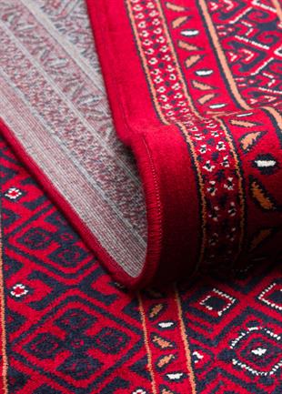 AFGAN DESENLİ KIRMIZI RENGİ VİSKON SIKI DOKUMA KAYMAZ TABANLI İNCE MAKİNE HALISI
