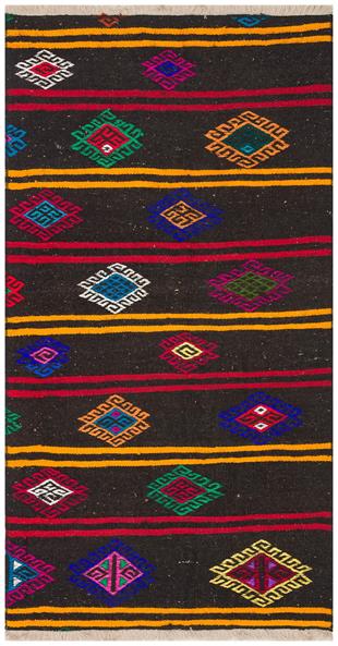 Siyah Çok Renkli El Dokuma Keçi Kılı Yün Kilim