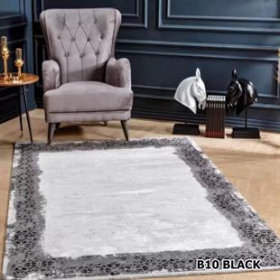 HALICA TENOM BEYAZ SİYAH RENGİ ÇİÇEKLİ MODREN BAMBU HALI