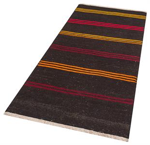 SİYAH ÇOK RENKL, ÇİZGİLİ DESEN EL DOKUMA KEÇİ YÜN KİLİM