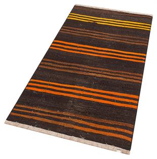 EŞSİZ EL DOKUMA KAHVE SARİ  ÇİZGİLİ ANADOLU KEÇİ KILI KİLİMİ