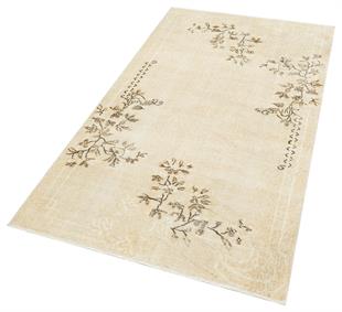 BEJ KAHVERENGİ ÇİÇEKLİ DESEN EL DOKUMA VİNTAGE HALI