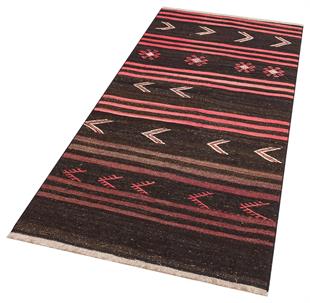 GERÇE EL DOKUMA SİYAH MÜRDÜM RENGİ ÇİZGİLİ DESEN YÜN KİLİM